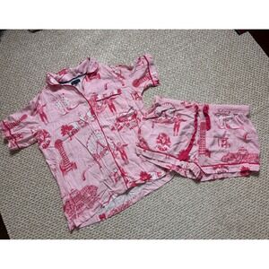 Katie Kime Dallas Toile Pajama Set Pink Short Sleeve Button Down Shorts Medium